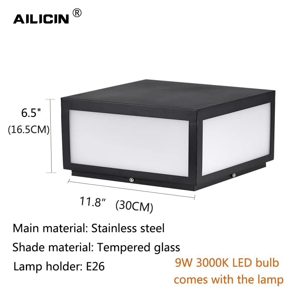 LED Außen Säulenleuchte, Moderne Edelstahl Zaun Dachkappenleuchte mit IP55 Wasserdicht, Schwarz Laternen Säulenlampe für Terrasse Garten Dekoration