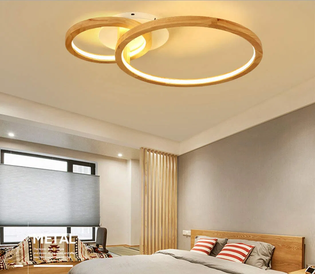 Etage LED-Deckenleuchte Holz, Deckenlampe Wohnzimmer mit Fernbedienung, Schlafzimmer Leuchte, 2-Flammig, Modern Designlampen, Ring Deko Acryl-Schirm, Holzlampe Dimmbar Inkl. Fernbedienung (Ø72*51cm)