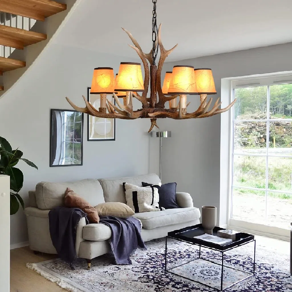 Retro Pendellampe E14 Pendelleuchte Esstischlamp Resin Geweihe Hängelampe Industriestil American Ländliche Kronleuchter Höhenverstellbarer Hängeleuchte Bar Wohnzimmer Cafe Küche Deckenleuchte(6 heads)