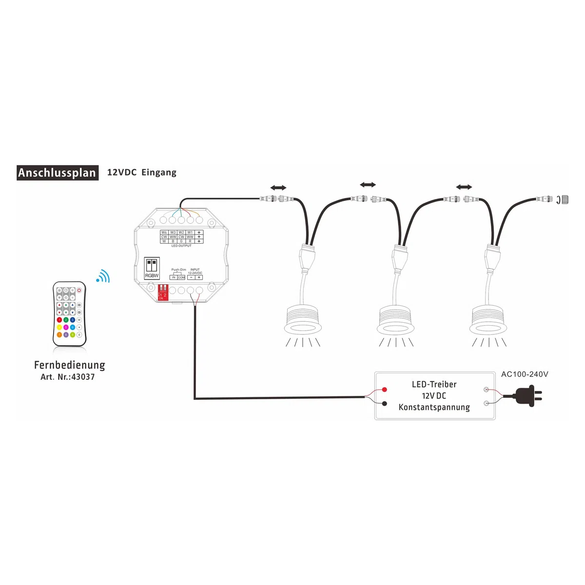 6er Set RGBW LED Einbauleuchten mit Controller und Fernbedienung 12VDC