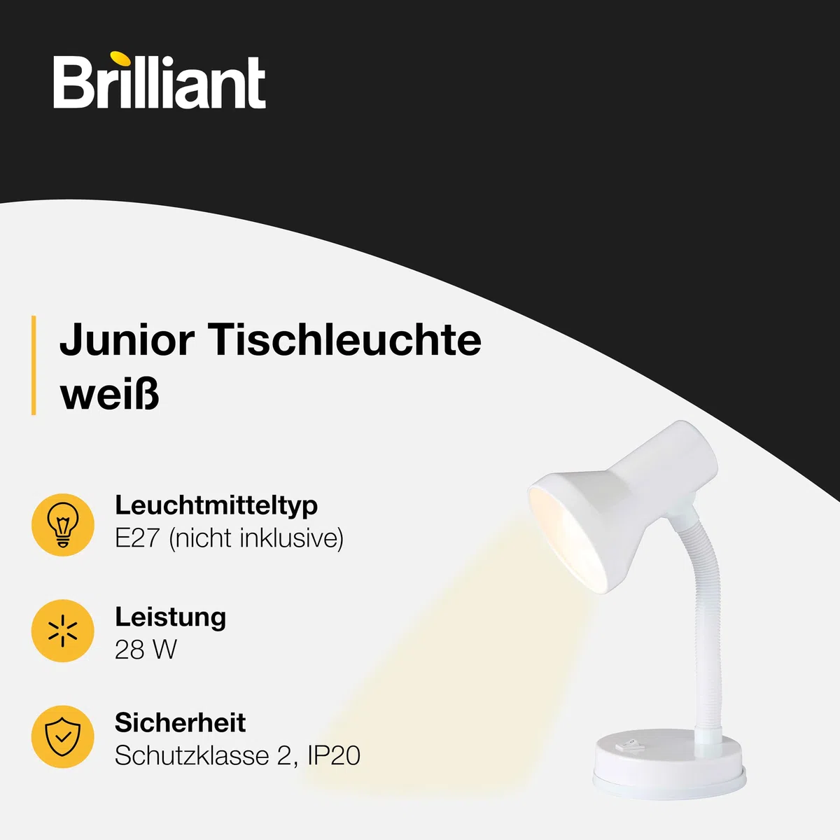 Brilliant Junior Tischlampe weiß – Schreibtischlampe mit Flexarm & Kippschalter – E27 Fassung, LED geeignet – moderne Leselampe