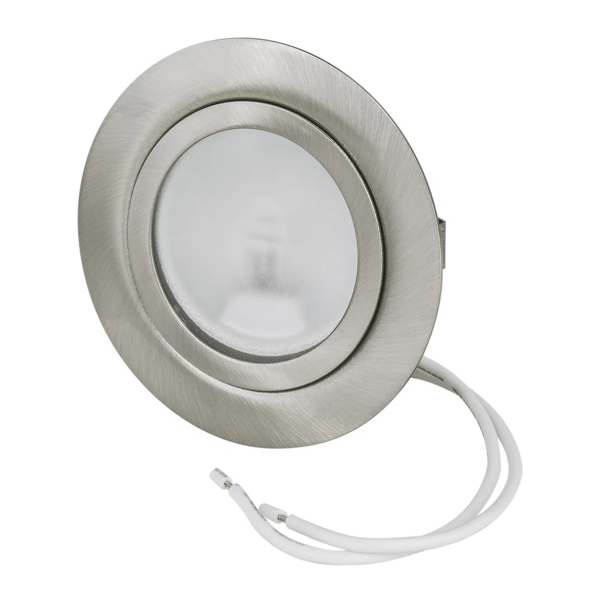 JungesLicht - Möbeleinbauleuchte 12V G4 20W, Bohrloch 55-60mm passend, Tiefe 23mm, Außen 73mm, gebürstet, (Halogen Leuchtmittel inklusive, LED geeignet), dimmbar, Möbelleuchte, Spiegelleuchte, 2 Stück