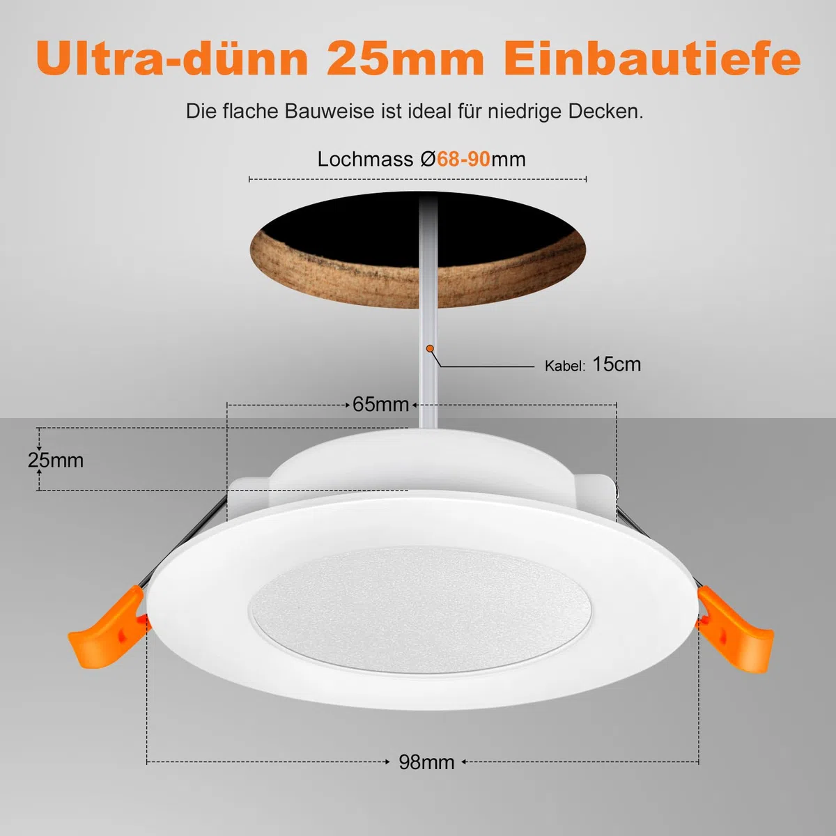 DUSKTEC LED Einbaustrahler 230V, LED Spots Deckenspots Flach 7W Warmweiß, IP44 Einbauleuchte Decke für Bad, 68-90mm Lochmaß, Einbauspots für Badezimmer Küche Wohnzimmer, 10er Set