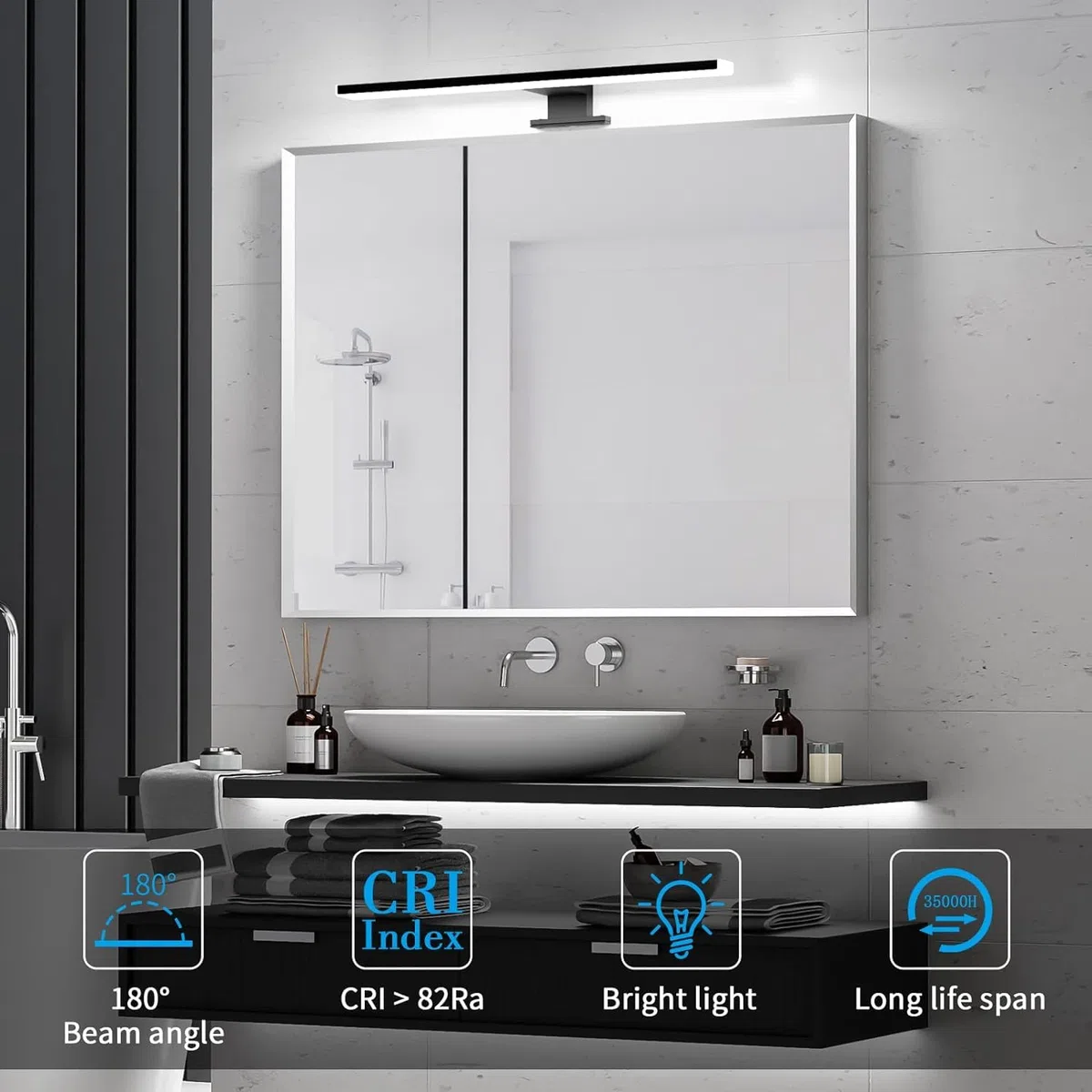 Led Spiegelleuchte 40cm 10W 4000K,Badezimmerlampe Wand Beleuchtungen 230V Neutralweiß 820LM,Klasse II,Schwarz