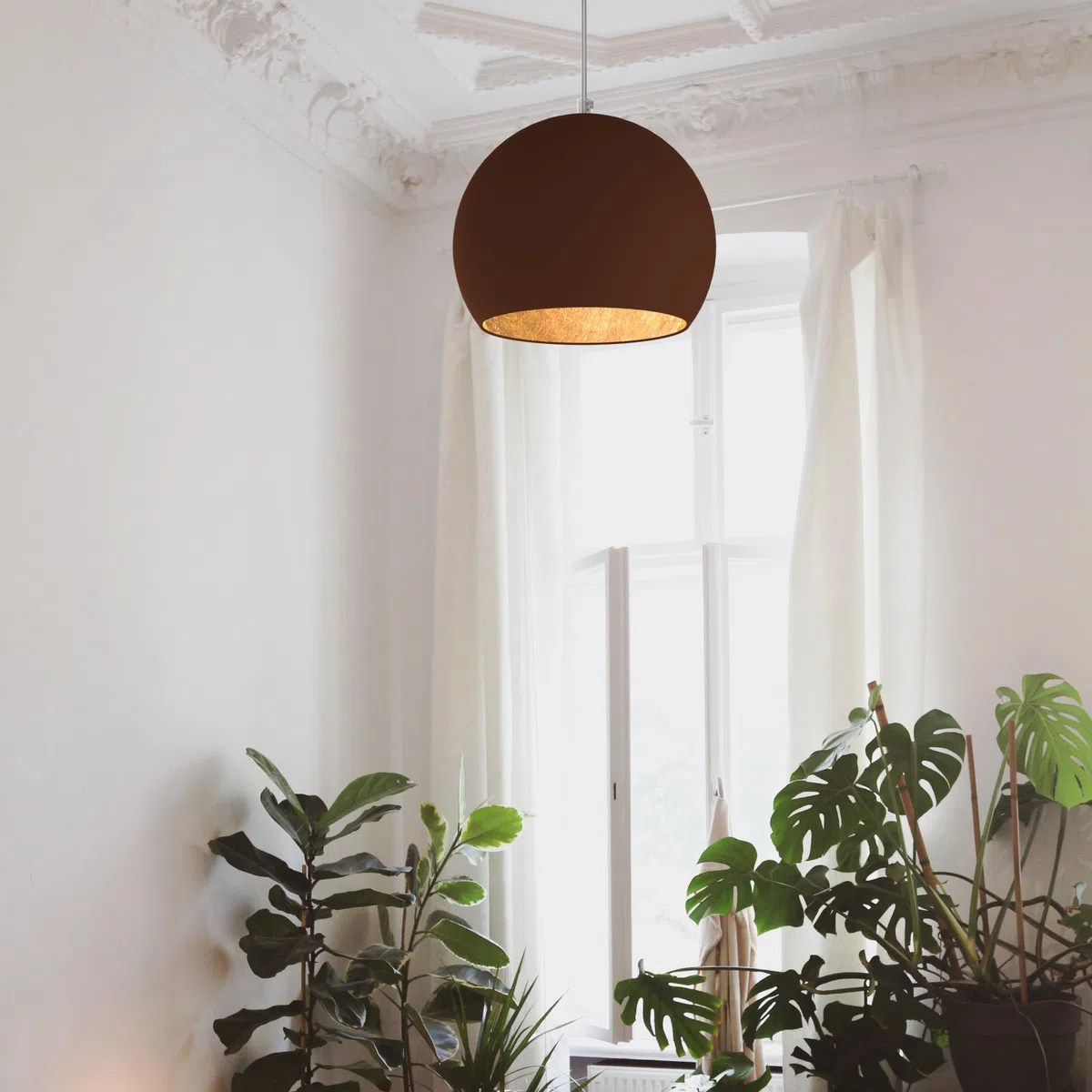L+ Moderne Pendelleuchte, handgefertigt, Lampenschirm aus Metall E27, Küche, Wohnzimmer, Schlafzimmer, modernes Design (Corten Blattgold, Ø25 cm)