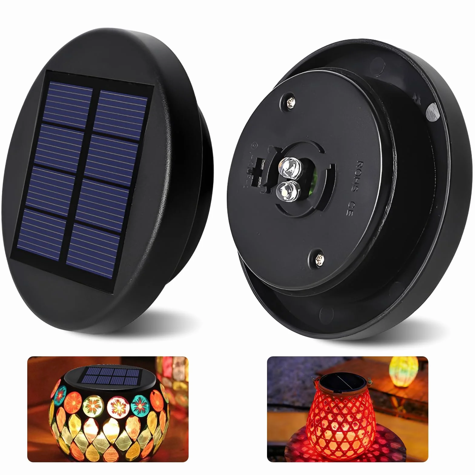 2er Solarleuchten Ersatzteile Top 6cm - Wasserdicht Garten Solarlampen Ersatz mit 2 LED (RGB Farbwechsel/Warm), 800mAh Solarbatteriekasten mit hocheffizienten Solarpanels für Außen Solarlampen, Garten