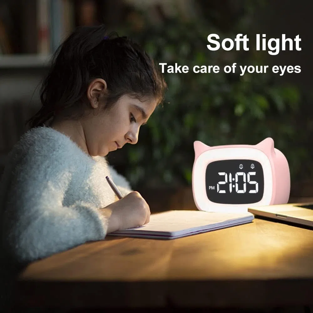 Wecker Digital Kinder, Dual-Wecker mit licht Digital, Cute Katzen Kinderwecker Nachttischlampe Snooze Funktion 18 Musik 5 Helligkeitsmodus, zeitgesteuertes Nachtlicht wecker (Rosa)