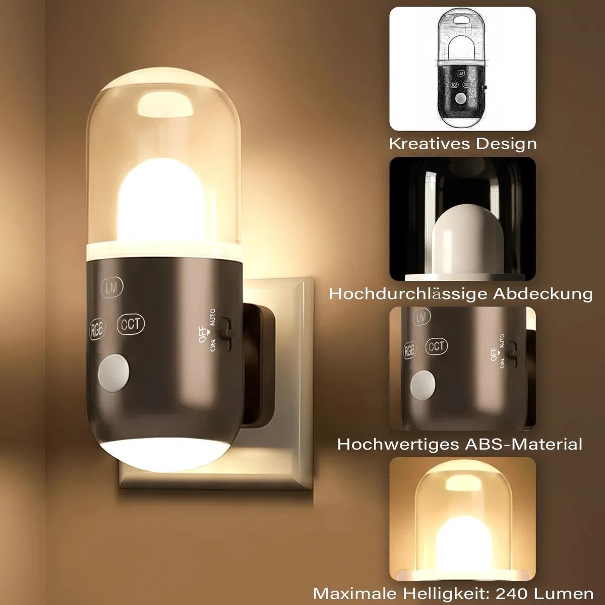 Nachtlicht Steckdose mit Bewegungsmelder & Dämmerungssensor,3 Farbtemperaturen，RGB 8 Modi,5 Helligkeitsstufen (20-240 LM) für Flur Treppe Schlafzimmer Wohnzimmer (Weiß 2 Stück)