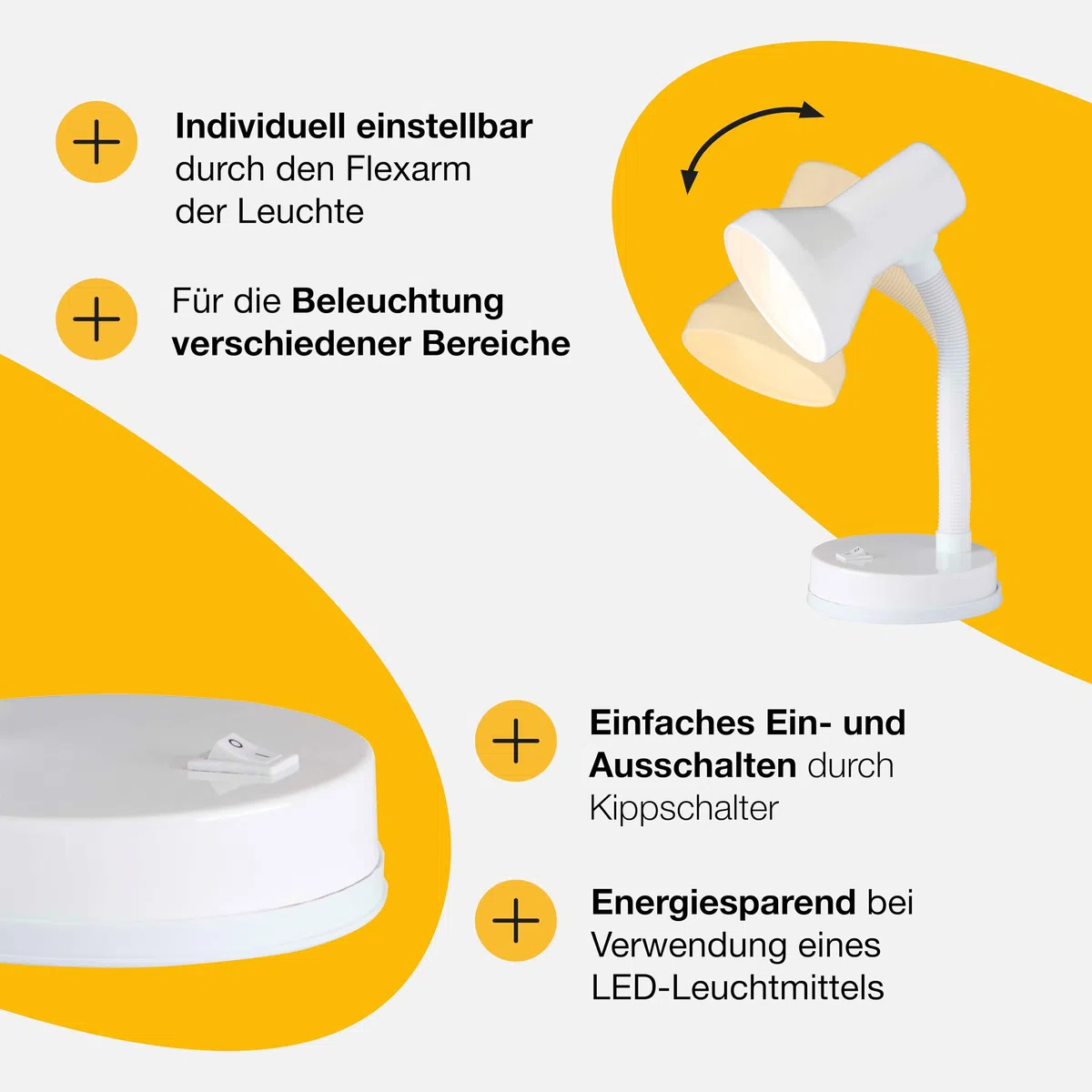 Brilliant Junior Tischlampe weiß – Schreibtischlampe mit Flexarm & Kippschalter – E27 Fassung, LED geeignet – moderne Leselampe