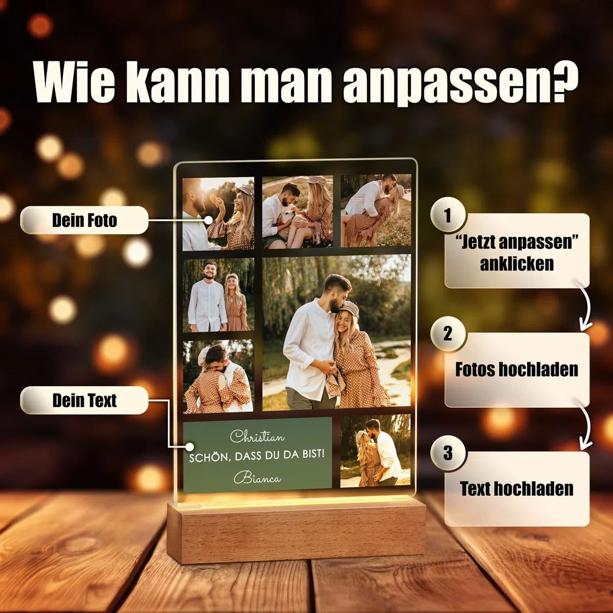 Maverton beleuchteter LED-Rahmen mit Holzständer - personalisiertes Acryl Glasbild mit eigenem Foto mit LED-Beleuchtung - Glasfoto für Männer zum Geburtstag - Größe: 15x24x4,5cm - Collage