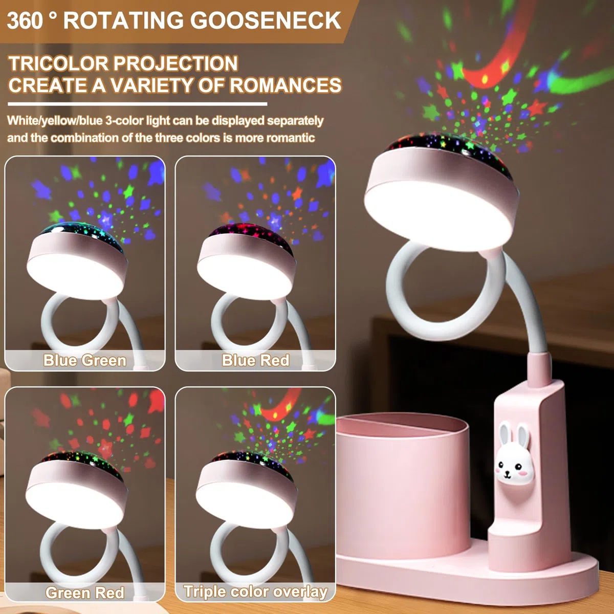 Asfrode Kinder Schreibtischlampe, Nachtlicht mit Sternprojektion LED Leselampe Dimmbar Wiederaufladbar Schwanenhals Nachttischlampe für Kinderzimmer Einschlafhilfe Geschenkidee