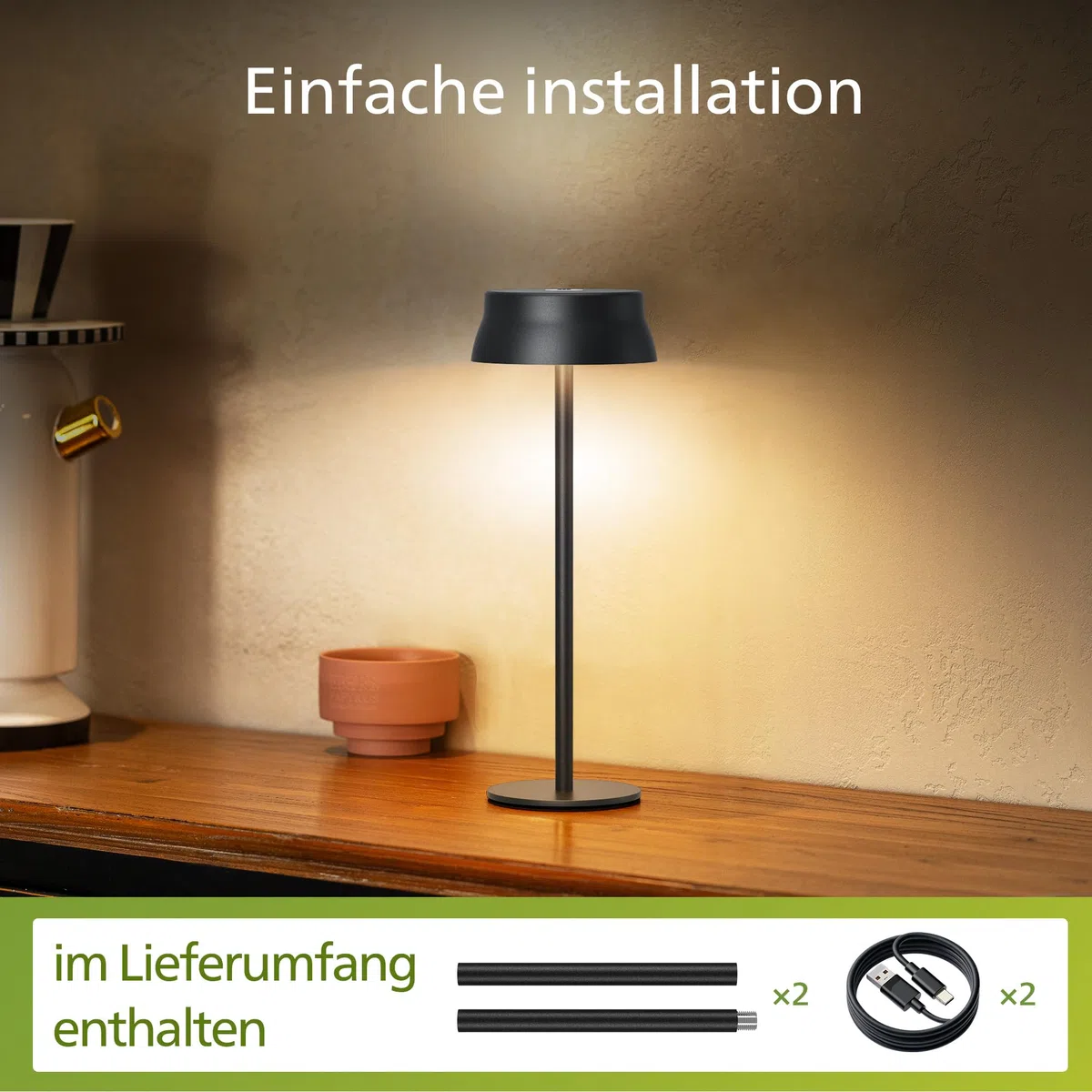 Philips Tischlampe Kabellose 2 Stück, Portable LED Akku Tischleuchte mit 2 stufig höhenverstellbar, Touch Stufenlos Dimmbar Nachtlicht, Wasserdicht für Schlafzimmer, Schwarz