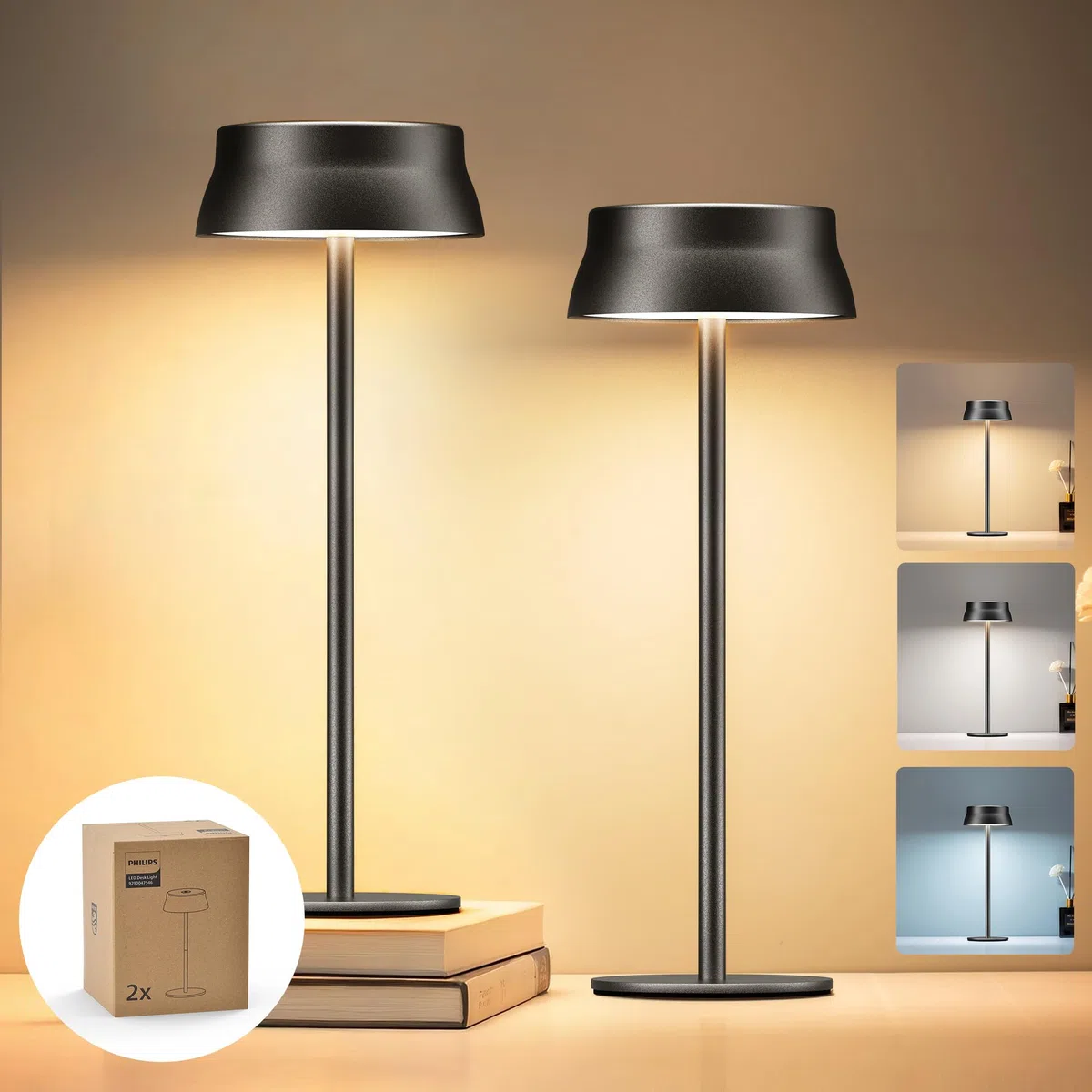 Philips Tischlampe Kabellose 2 Stück, Portable LED Akku Tischleuchte mit 2 stufig höhenverstellbar, Touch Stufenlos Dimmbar Nachtlicht, Wasserdicht für Schlafzimmer, Schwarz