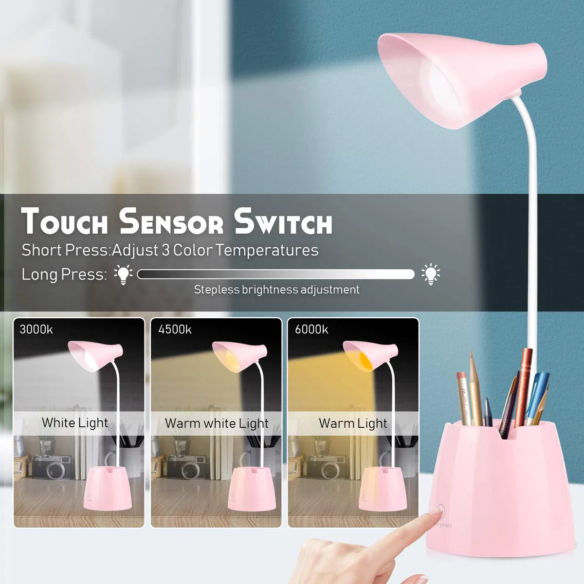 Schreibtischlampe Kinder, Molbory LED Dimmbare 24 Led Augenfreundliche Tischlampe 3 Helligkeitsstufen USB Wiederaufladbar Touch-Schalter Schreibtischlampe Kinder für Lesen,Studieren,Arbeit(Rosa)