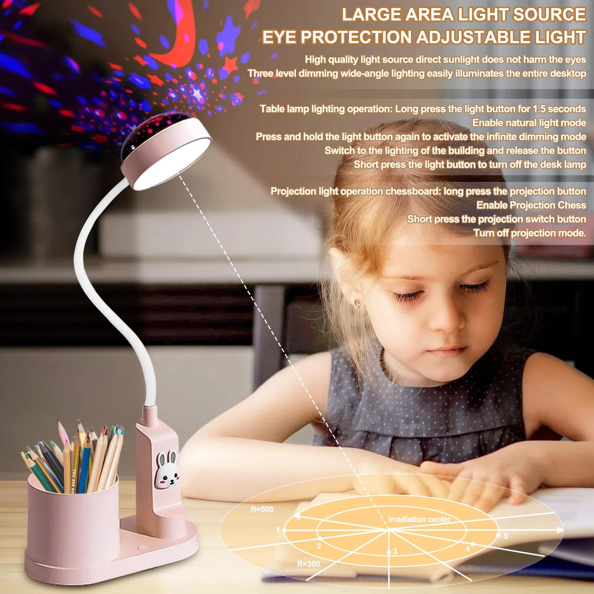 Asfrode Kinder Schreibtischlampe, Nachtlicht mit Sternprojektion LED Leselampe Dimmbar Wiederaufladbar Schwanenhals Nachttischlampe für Kinderzimmer Einschlafhilfe Geschenkidee