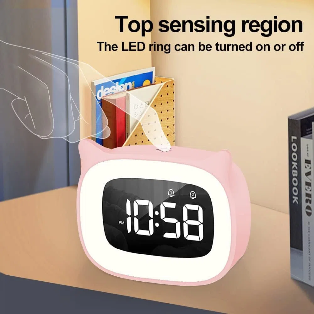 Wecker Digital Kinder, Dual-Wecker mit licht Digital, Cute Katzen Kinderwecker Nachttischlampe Snooze Funktion 18 Musik 5 Helligkeitsmodus, zeitgesteuertes Nachtlicht wecker (Rosa)