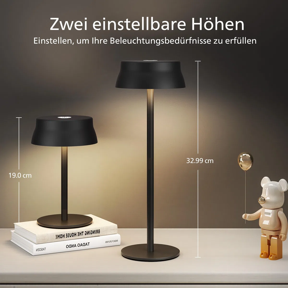 Philips Tischlampe Kabellose 2 Stück, Portable LED Akku Tischleuchte mit 2 stufig höhenverstellbar, Touch Stufenlos Dimmbar Nachtlicht, Wasserdicht für Schlafzimmer, Schwarz