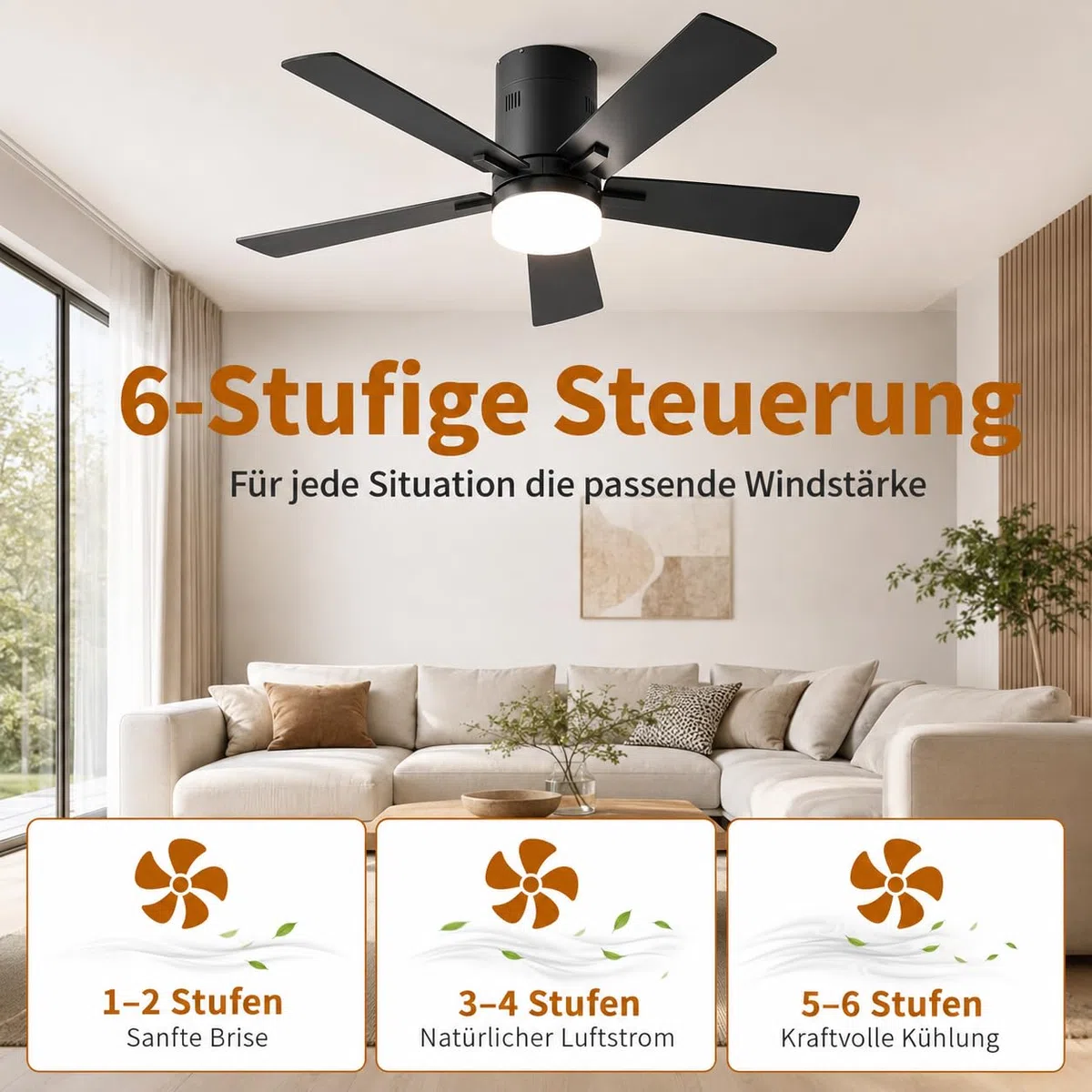 Deckenventilator mit LED Licht, 5-Flügel, leise, Sommer/Winter Modus