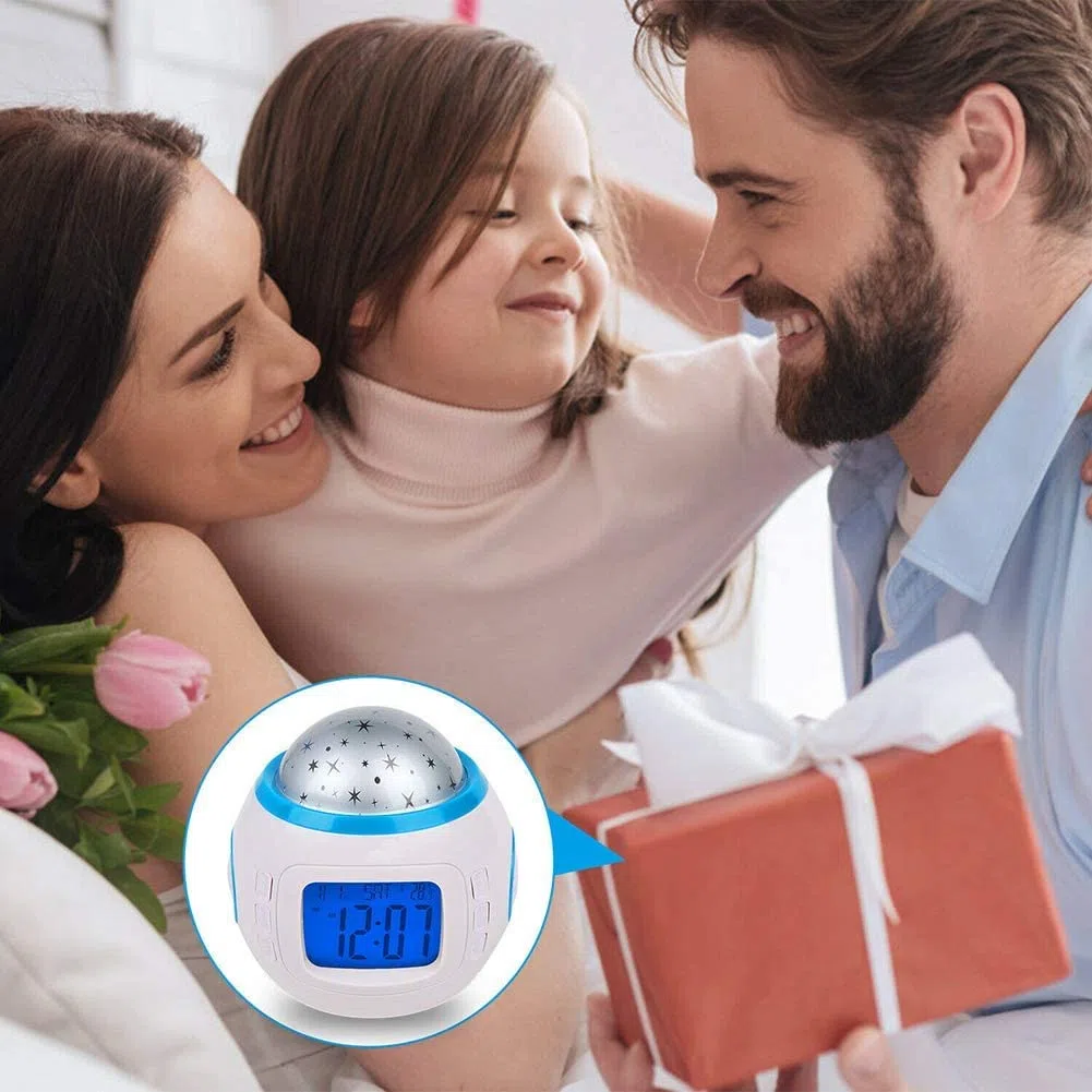 TKMARS LED Sternenhimmel Projektor Mini Kinderwecker Kalender Thermometer Wecker mit Hübschen Klängen und Animiertem
