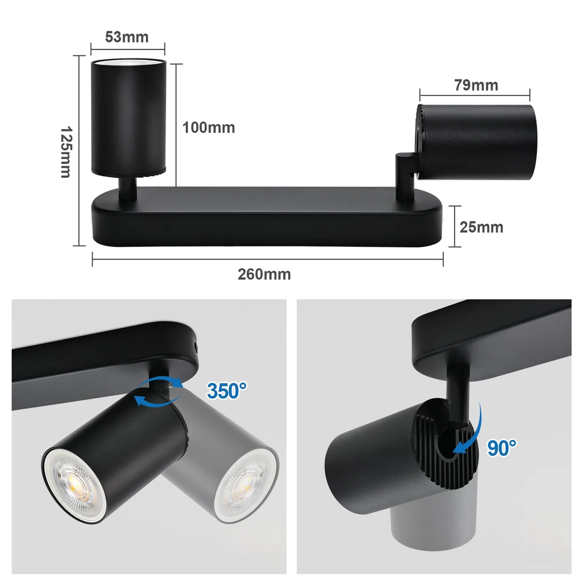 KYOTECH Deckenstrahler 2 Flammig Schwarz Spot Lampe LED Deckenleuchte Schwenkbar GU10 Deckenlampe Strahler Deckenspots Modern Flurlampe für Küche Wohnzimmer Schlafzimmer Ohne Leuchtmittel