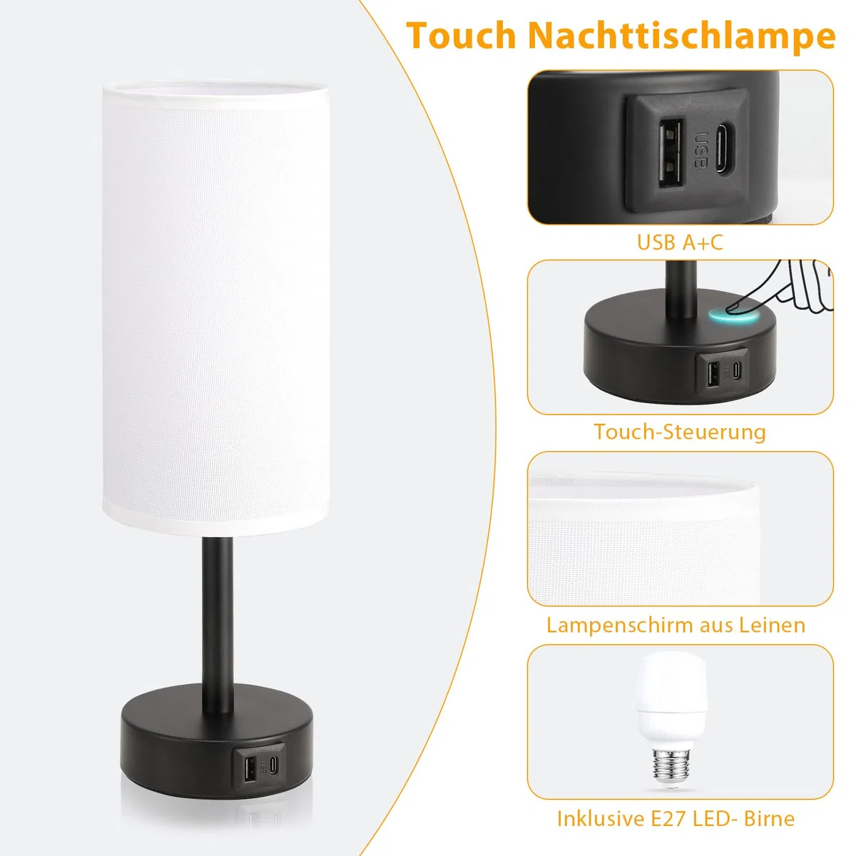 Nachttischlampe Touch Dimmbar, Tischlampe mit USB A+C Ladefunktion, Lampenschirm aus Leinenstoff, Touch Lampe für Nachttisch Wohnzimmer Schlafzimmer Kinderzimmer Büro(Inklusive Birne)