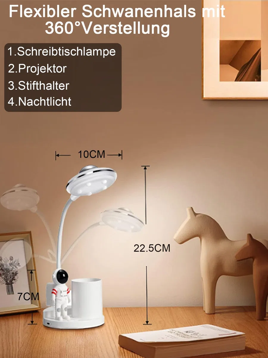Schreibtischlampe Kinder, LED Astronaut Tragbar Tischlampe, Leselampe mit Projektion &Bleistifthalter, Schreibtischlampe Dimmbar Wiederaufladbar Lampe für Student Schlafsaal Studie Lesen