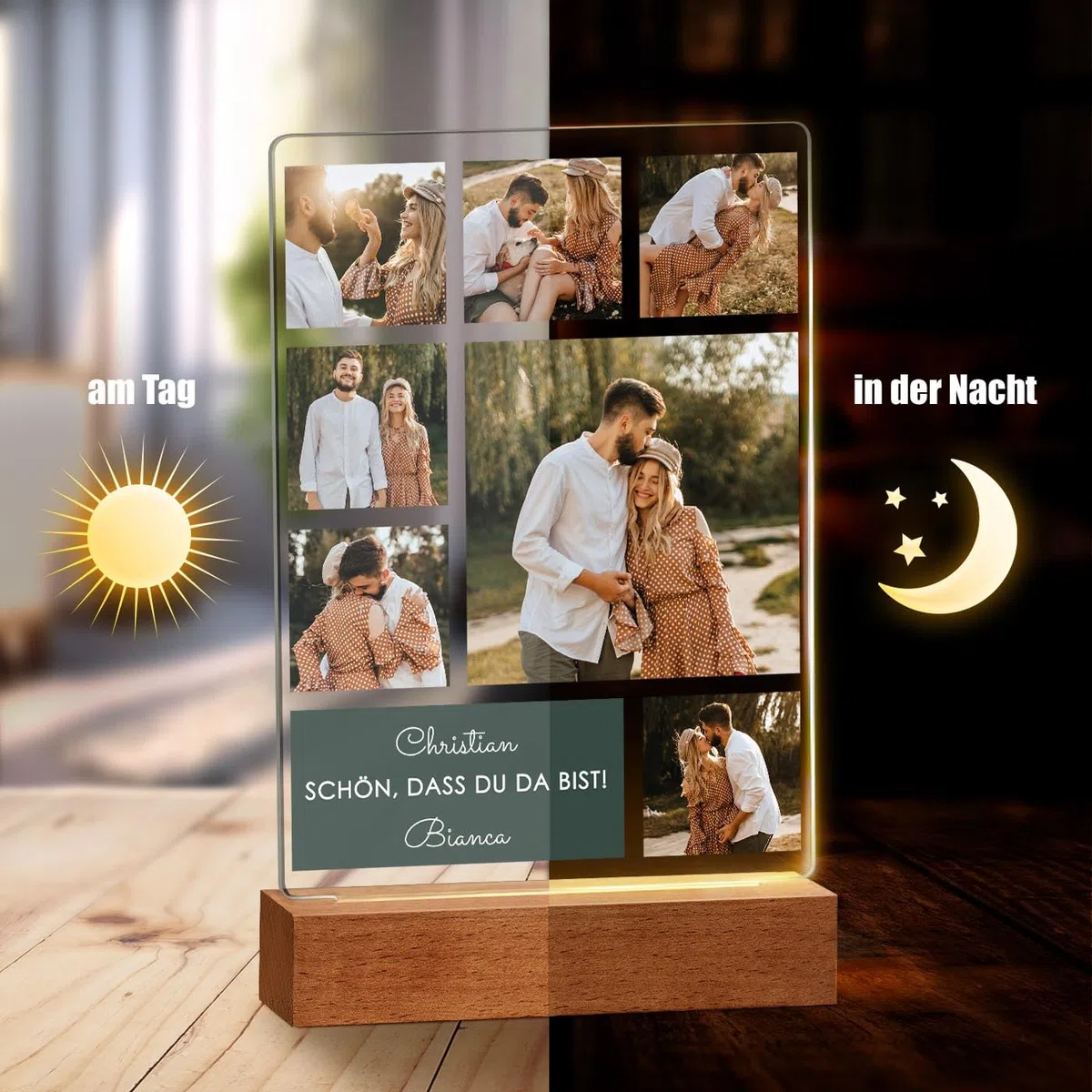 Maverton beleuchteter LED-Rahmen mit Holzständer - personalisiertes Acryl Glasbild mit eigenem Foto mit LED-Beleuchtung - Glasfoto für Männer zum Geburtstag - Größe: 15x24x4,5cm - Collage
