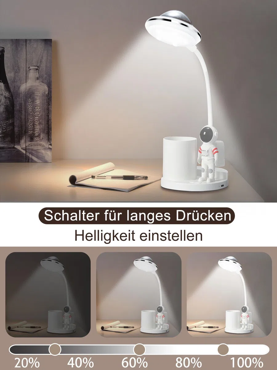 Schreibtischlampe Kinder, LED Astronaut Tragbar Tischlampe, Leselampe mit Projektion &Bleistifthalter, Schreibtischlampe Dimmbar Wiederaufladbar Lampe für Student Schlafsaal Studie Lesen