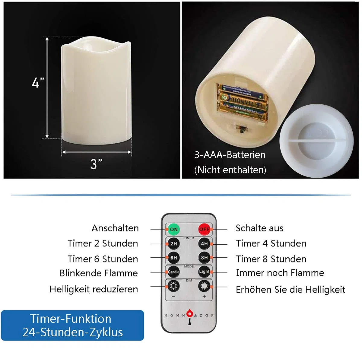 NONNO&ZGF 3 Outdoor Stück LED im Freien Wasserdichte Kerzen, Batteriebetriebene Plastikkerze mit Fernbedienung/Timer-Funktion (Warmweißes Licht) - 7,5cm X 10cm