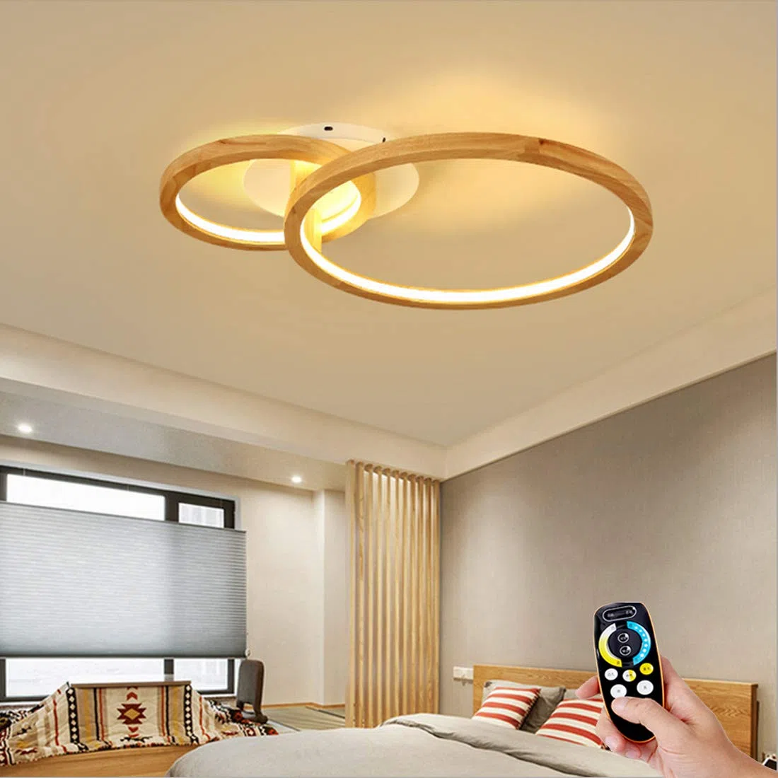 Etage LED-Deckenleuchte Holz, Deckenlampe Wohnzimmer mit Fernbedienung, Schlafzimmer Leuchte, 2-Flammig, Modern Designlampen, Ring Deko Acryl-Schirm, Holzlampe Dimmbar Inkl. Fernbedienung (Ø72*51cm)
