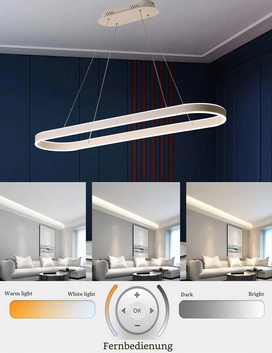 Dimmbar Oval LED-Kronleuchter Pendelleuchte moderner Esstisch Büro mit den Fernbedienung ring Hängelampe höhenverstellbar Blendfreesszimmer Arbeitszimmer Küche leuchte (Weiß, L120cm 108W)