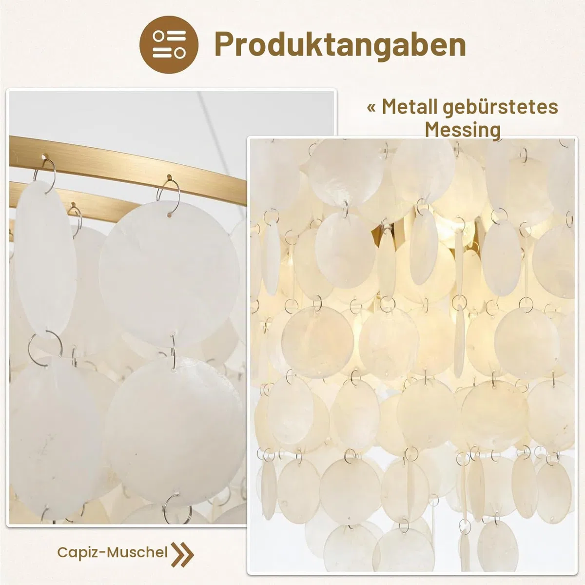 Vintage Gold Kronleuchter E14 Innendekorative Beleuchtung Natürliche Muschel Deckenlampe Höhenverstellbar Schicke Antike Capiz Muschel Beleuchtung Moderner Küstenstil Geeignet Esszimmer Wohnzim