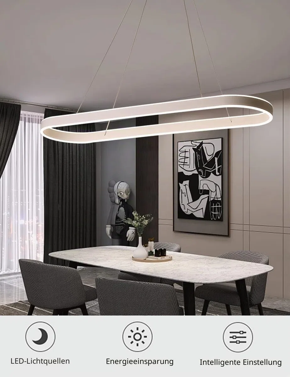 Dimmbar Oval LED-Kronleuchter Pendelleuchte moderner Esstisch Büro mit den Fernbedienung ring Hängelampe höhenverstellbar Blendfreesszimmer Arbeitszimmer Küche leuchte (Weiß, L120cm 108W)