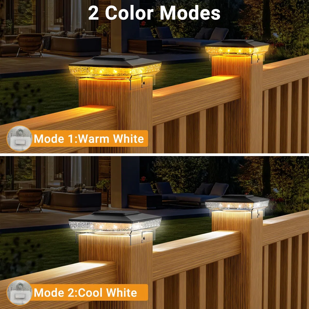 btfarm 4 Stück Pfostenleuchte Solar, 2 Modi LED Pfostenkappe Solar IP65 Wasserfest Pfostenlichter, Solarlampen für Außen Garten Terrasse Zaun 3.5x3.5 4x4 Zoll Hölzerne Pfäle, Warmweiß + Kaltweiß