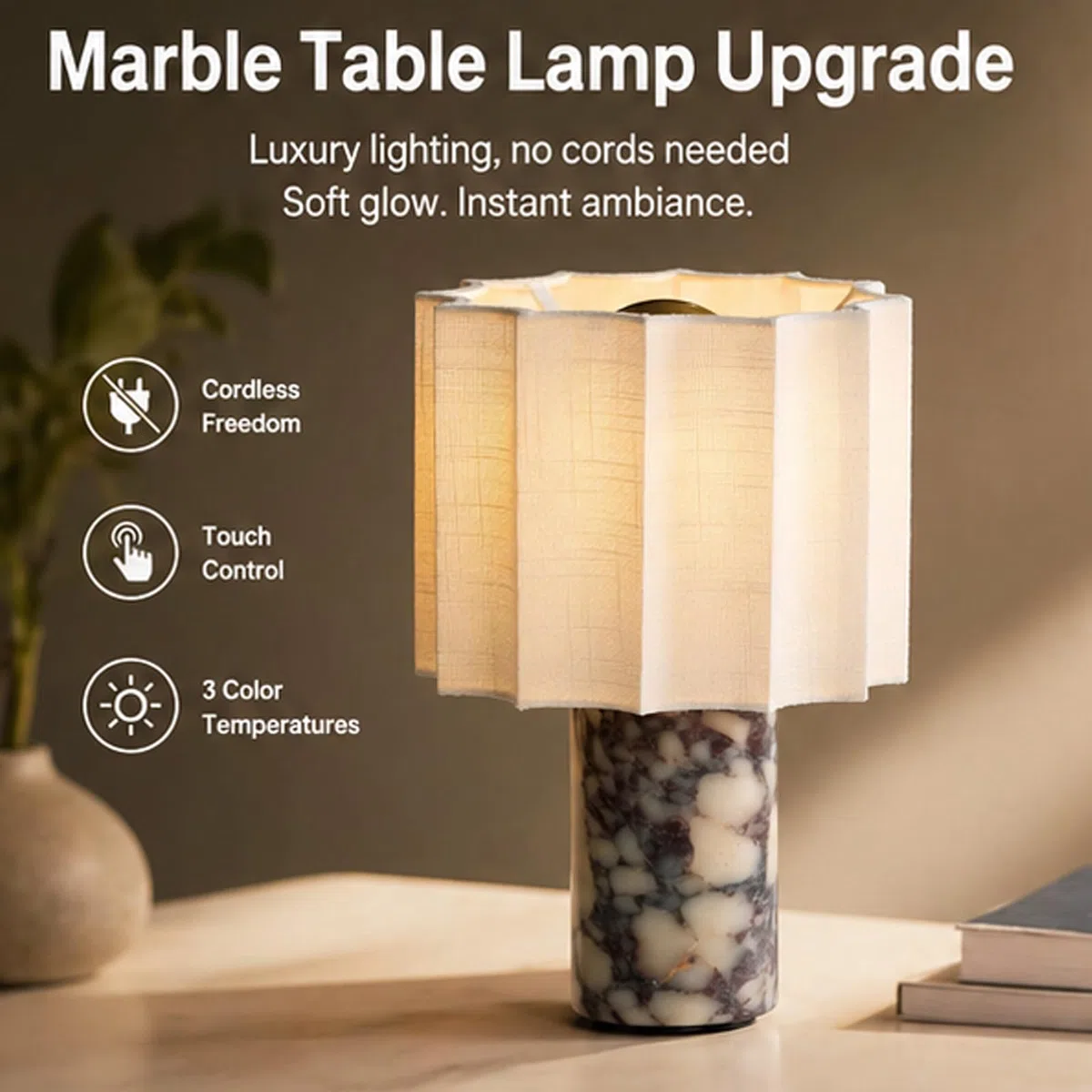 Touch Dimmbare Marmorlampe, Wiederaufladbares Nachtlicht Mit 3 Helligkeitsstufen, Akku-Tischleuchte Für Schlafzimmer, Wohnzimmer, Büro, Schreibtisch, Verwendung Typ-C-Anschluss