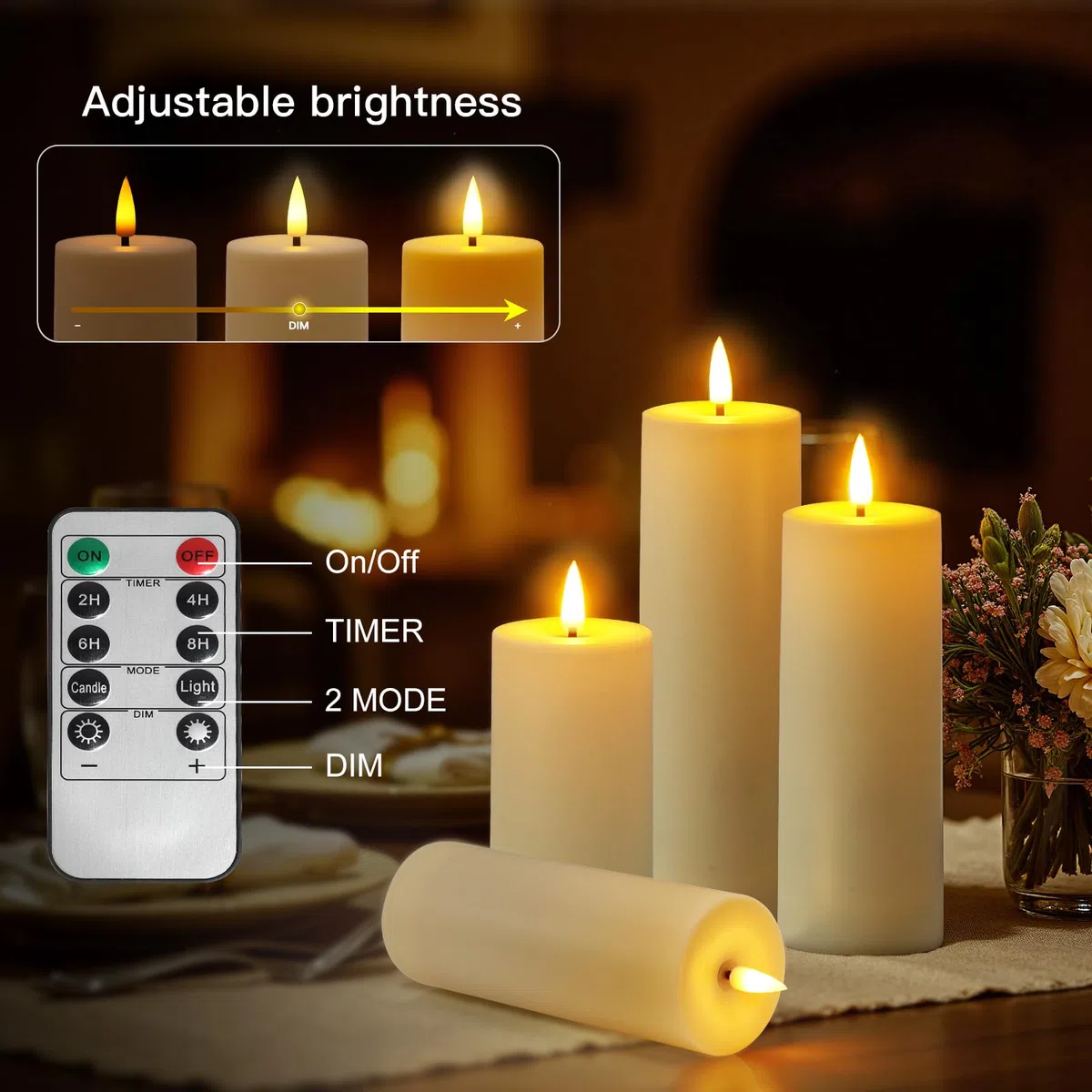 Ketom 8 Stück LED Kerzen mit Fernbedienung, Elektrische Kerzen mit Timer Outdoor, Batterie Dekorative Kerze, D5,5cm, H13/15/17/20cm, für Camping, Home Deco, Festivals, Elfenbein, Ohne Batterien
