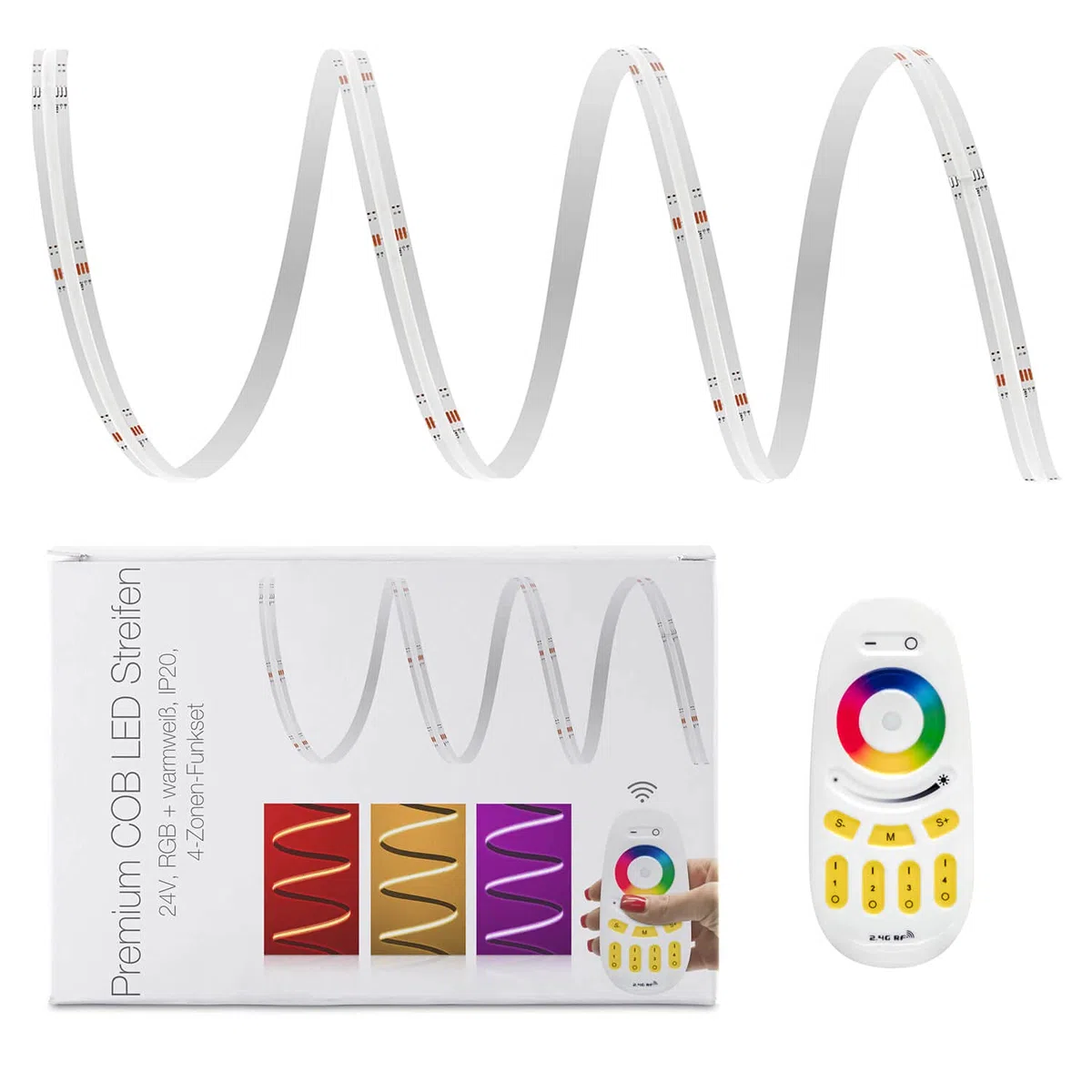 LED Universum COB LED Streifen 4 Zonen Set RGB-W mit Funkfernbedienung, Controller & Netzteil Band Strip Premium Filament 24V LED Streifen IP20 RGB-WW bunt (5 Meter)