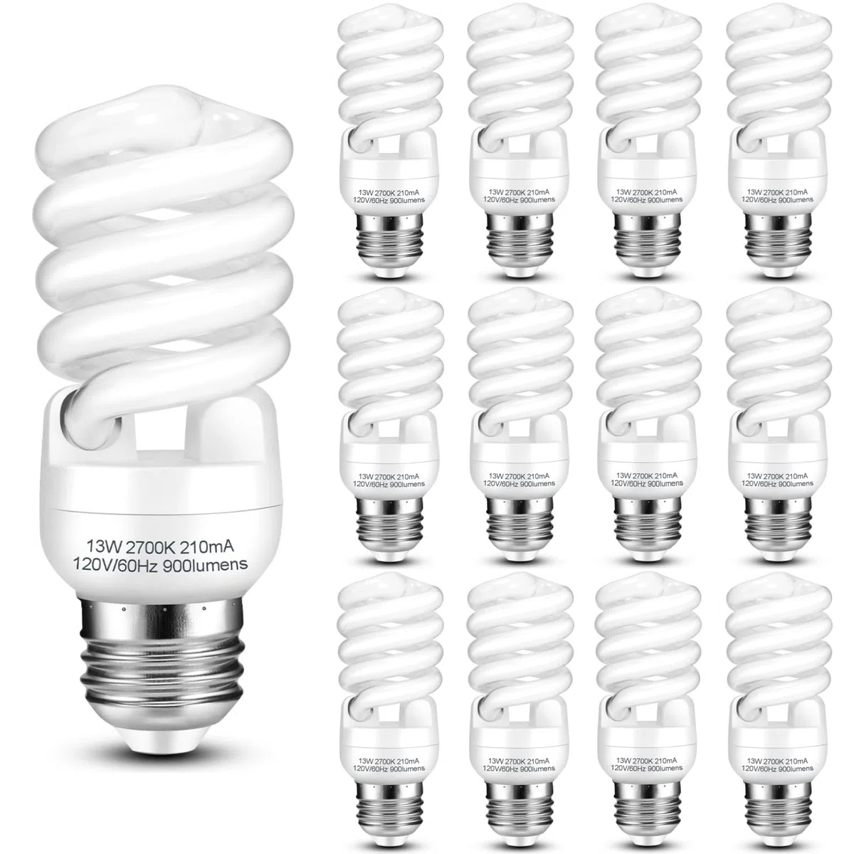 Kompaktleuchtstofflampen, E26-Sockel, T2-Spirale, 13 Watt (entspricht 60 Watt), weiches Weiß, 2700 K, 900 lm, Kompaktleuchtstofflampen, UL-geprüft, 120 V, 60 Hz, selbstvorschaltbare