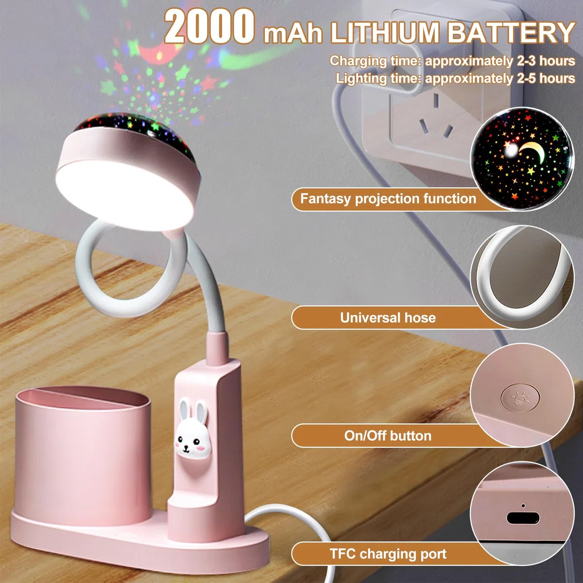 Asfrode Kinder Schreibtischlampe, Nachtlicht mit Sternprojektion LED Leselampe Dimmbar Wiederaufladbar Schwanenhals Nachttischlampe für Kinderzimmer Einschlafhilfe Geschenkidee