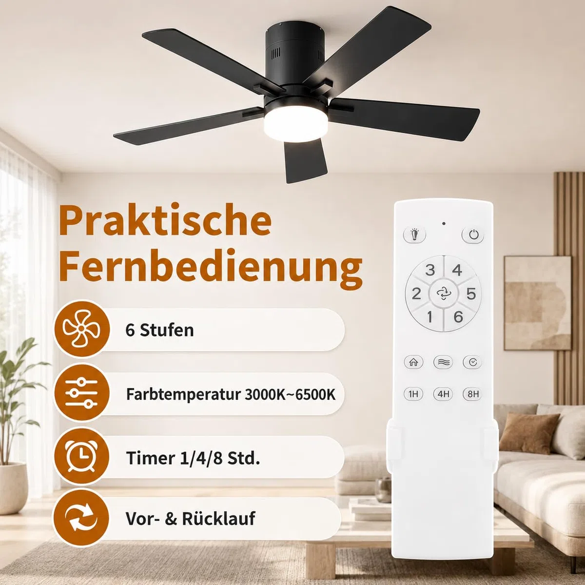 Deckenventilator mit LED Licht, 5-Flügel, leise, Sommer/Winter Modus