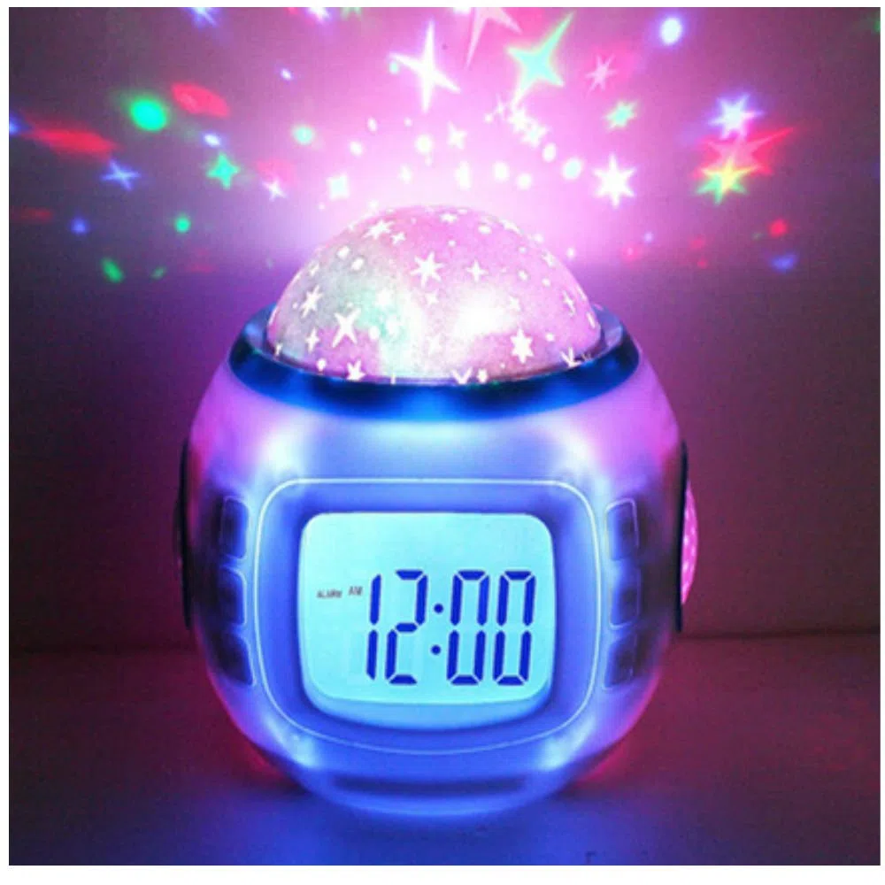 TKMARS LED Sternenhimmel Projektor Mini Kinderwecker Kalender Thermometer Wecker mit Hübschen Klängen und Animiertem