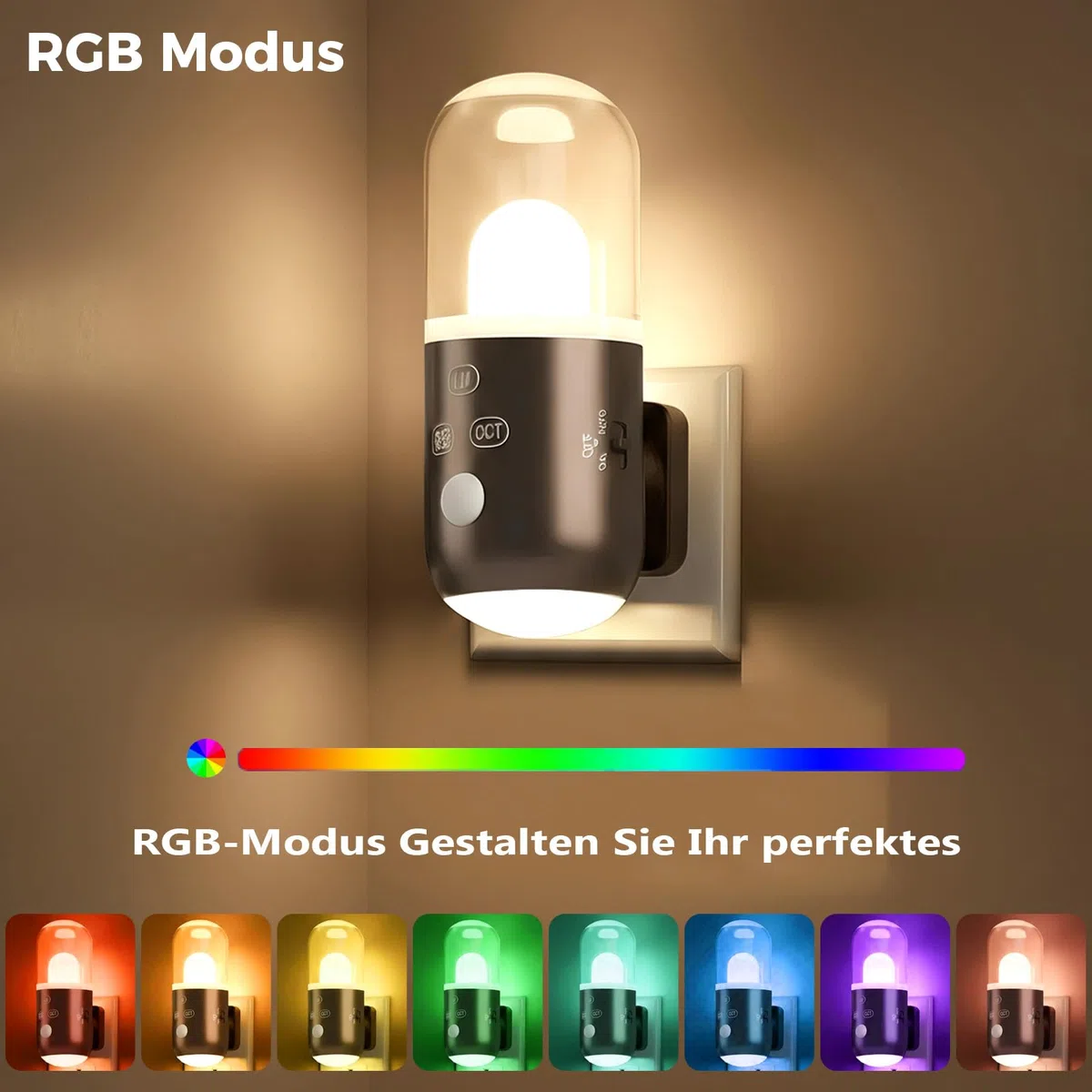 Nachtlicht Steckdose mit Bewegungsmelder & Dämmerungssensor,3 Farbtemperaturen，RGB 8 Modi,5 Helligkeitsstufen (20-240 LM) für Flur Treppe Schlafzimmer Wohnzimmer (Weiß 2 Stück)