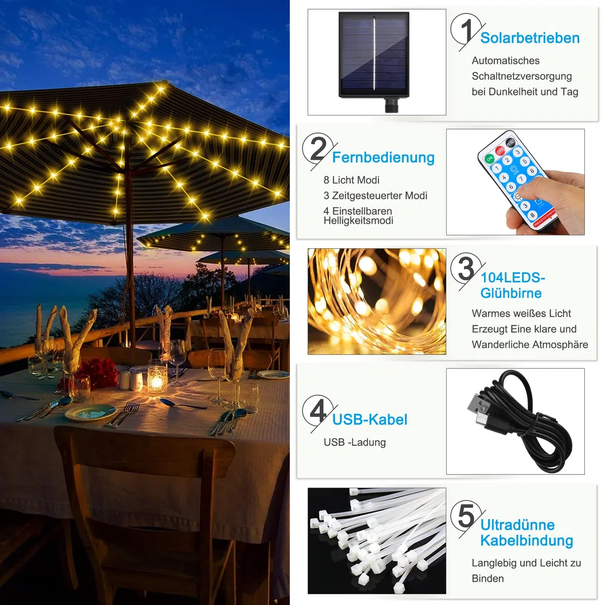 Sonnenschirm Beleuchtung Solar,Regenschirm Lichterkette mit 104 LEDs Lichter und Fernbedienung 8-Modus, IP67 Wasserdichte Gartenleuchten für Schirmdekoration,Campingzelte,Außen und Innen Deko Licht