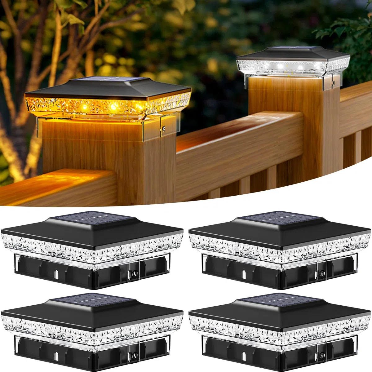 btfarm 4 Stück Pfostenleuchte Solar, 2 Modi LED Pfostenkappe Solar IP65 Wasserfest Pfostenlichter, Solarlampen für Außen Garten Terrasse Zaun 3.5x3.5 4x4 Zoll Hölzerne Pfäle, Warmweiß + Kaltweiß