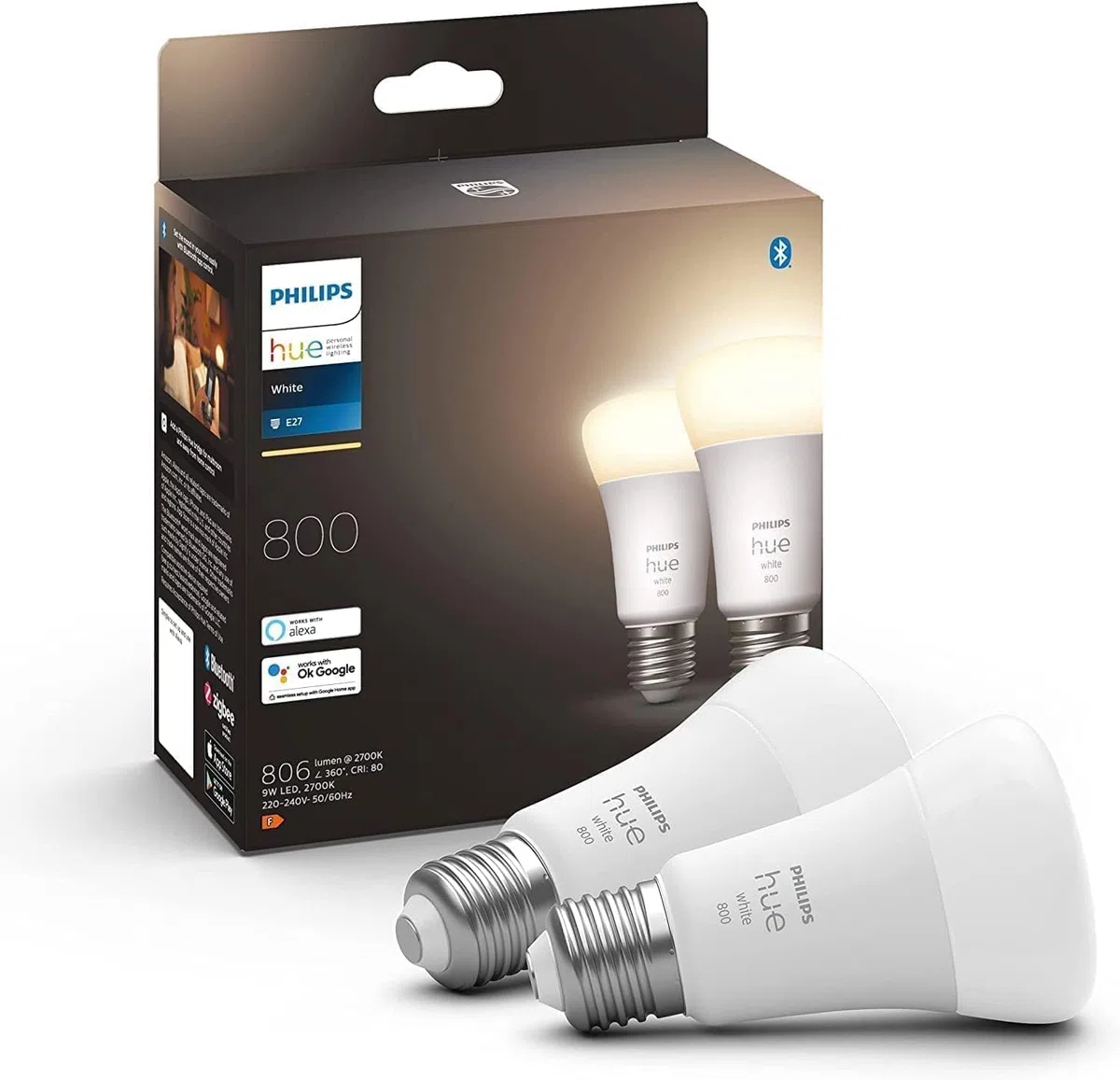 Philips Hue White E27 LED Glühbirne, 810lm, warmweiß, dimmbar, steuerbar via App, kompatibel mit Amazon Alexa (Echo, Echo Dot), 2er Pack, alte Generation