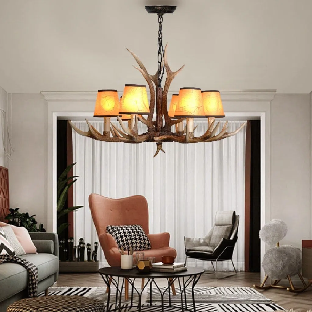 Retro Pendellampe E14 Pendelleuchte Esstischlamp Resin Geweihe Hängelampe Industriestil American Ländliche Kronleuchter Höhenverstellbarer Hängeleuchte Bar Wohnzimmer Cafe Küche Deckenleuchte(6 heads)