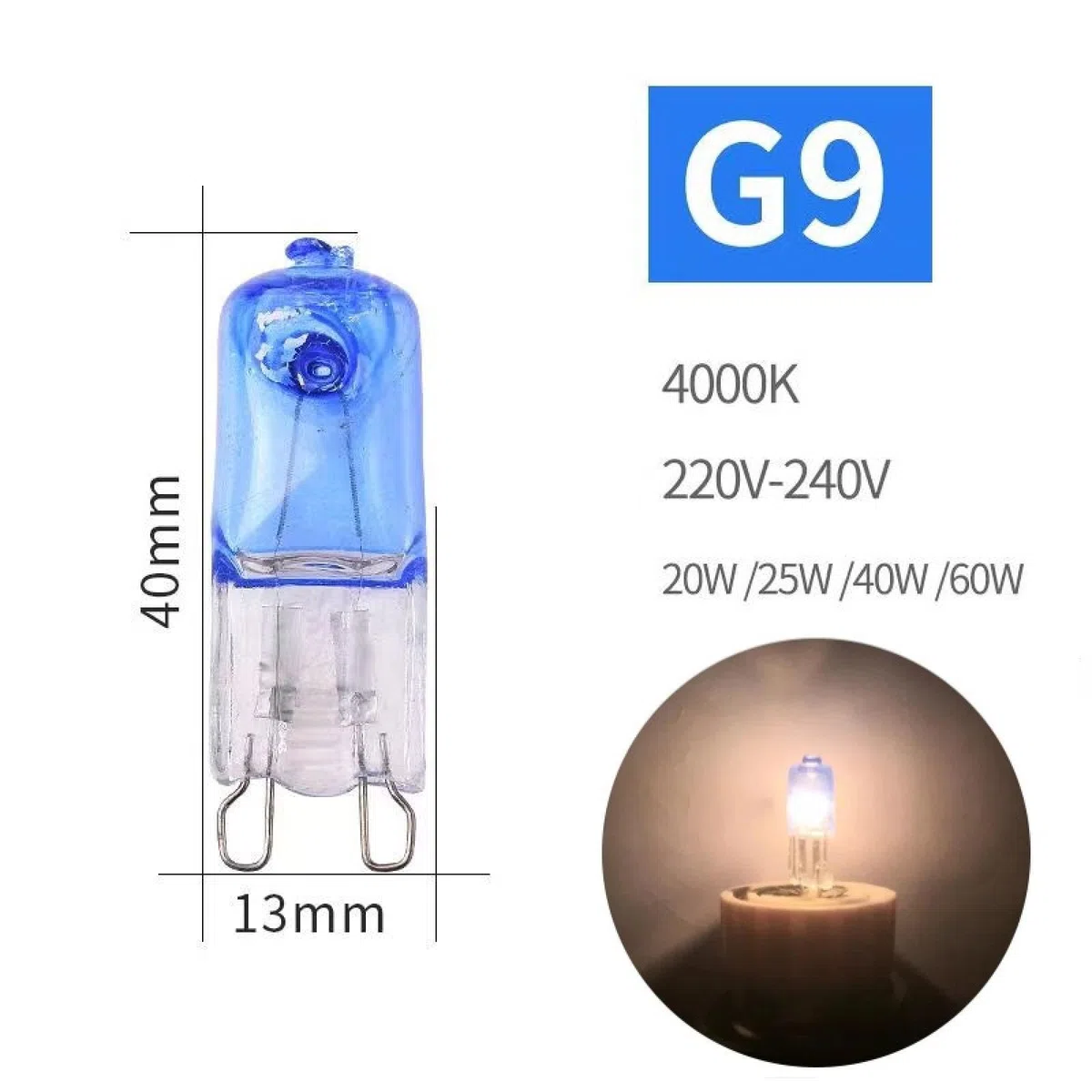 BLOMDE G9 Halogenlampe 220V 25W 40W 60W T4 JCD Typ G9 Lampenhalter, 2-poliger Dimmer warmweißer Lampe, blauer Lampenkörper, 10 Stück 50PCS 25W