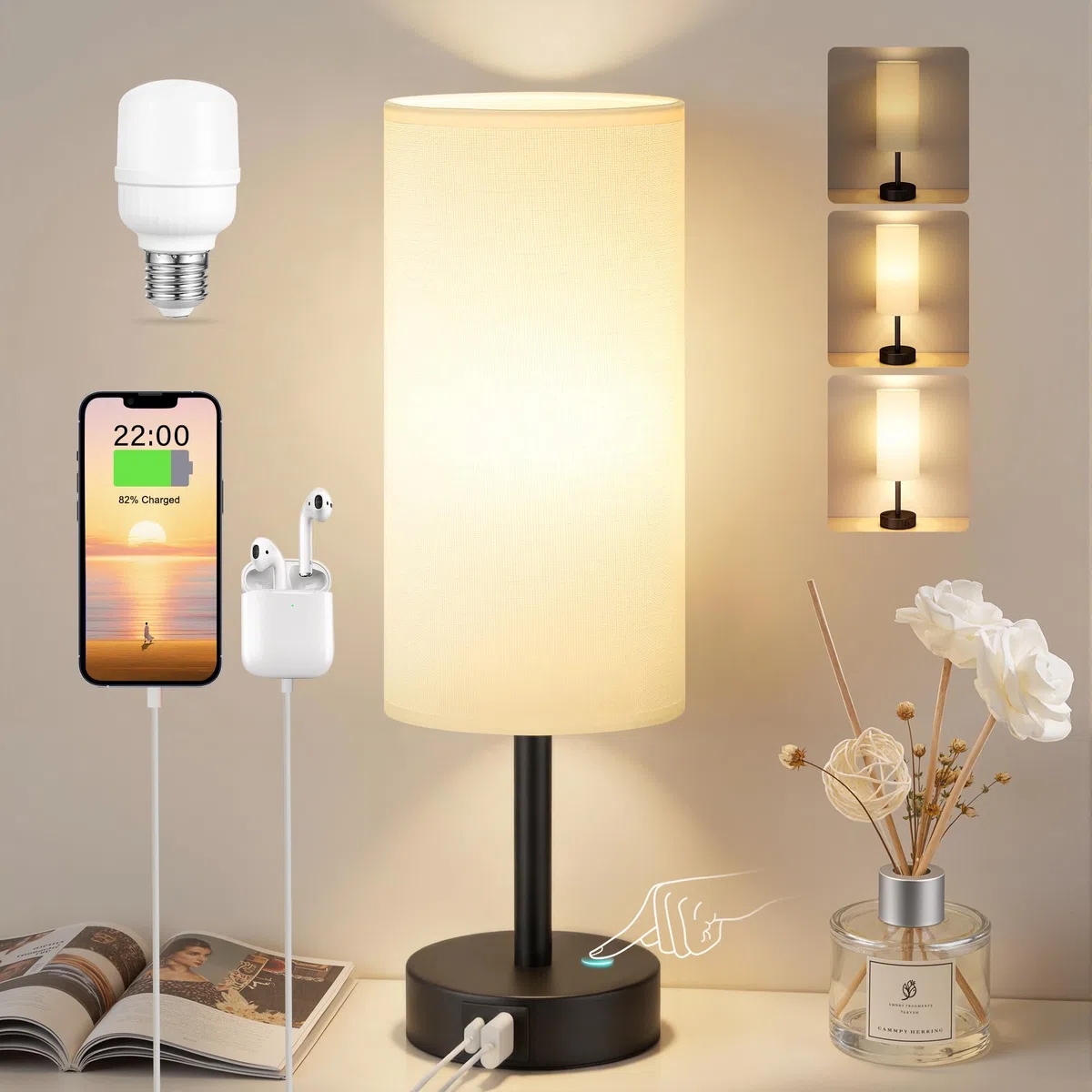 Nachttischlampe Touch Dimmbar, Tischlampe mit USB A+C Ladefunktion, Lampenschirm aus Leinenstoff, Touch Lampe für Nachttisch Wohnzimmer Schlafzimmer Kinderzimmer Büro(Inklusive Birne)