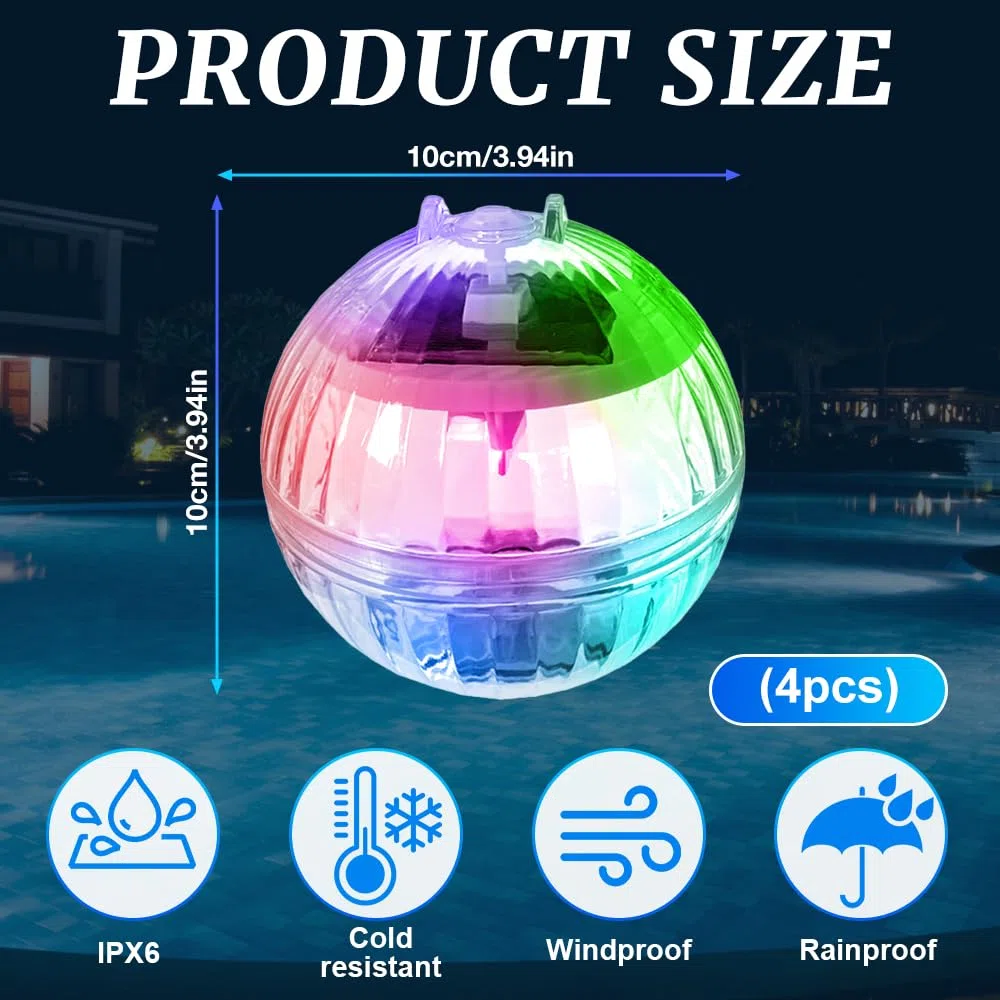 Solar Schwimmende Poolbeleuchtung, 4 Stück Solar Schwimmkugel mit 7 Farben RGB, IP65 SolarPool Lichter Schwimmend für Schwimmbad, Brunnen, Pool, Teich