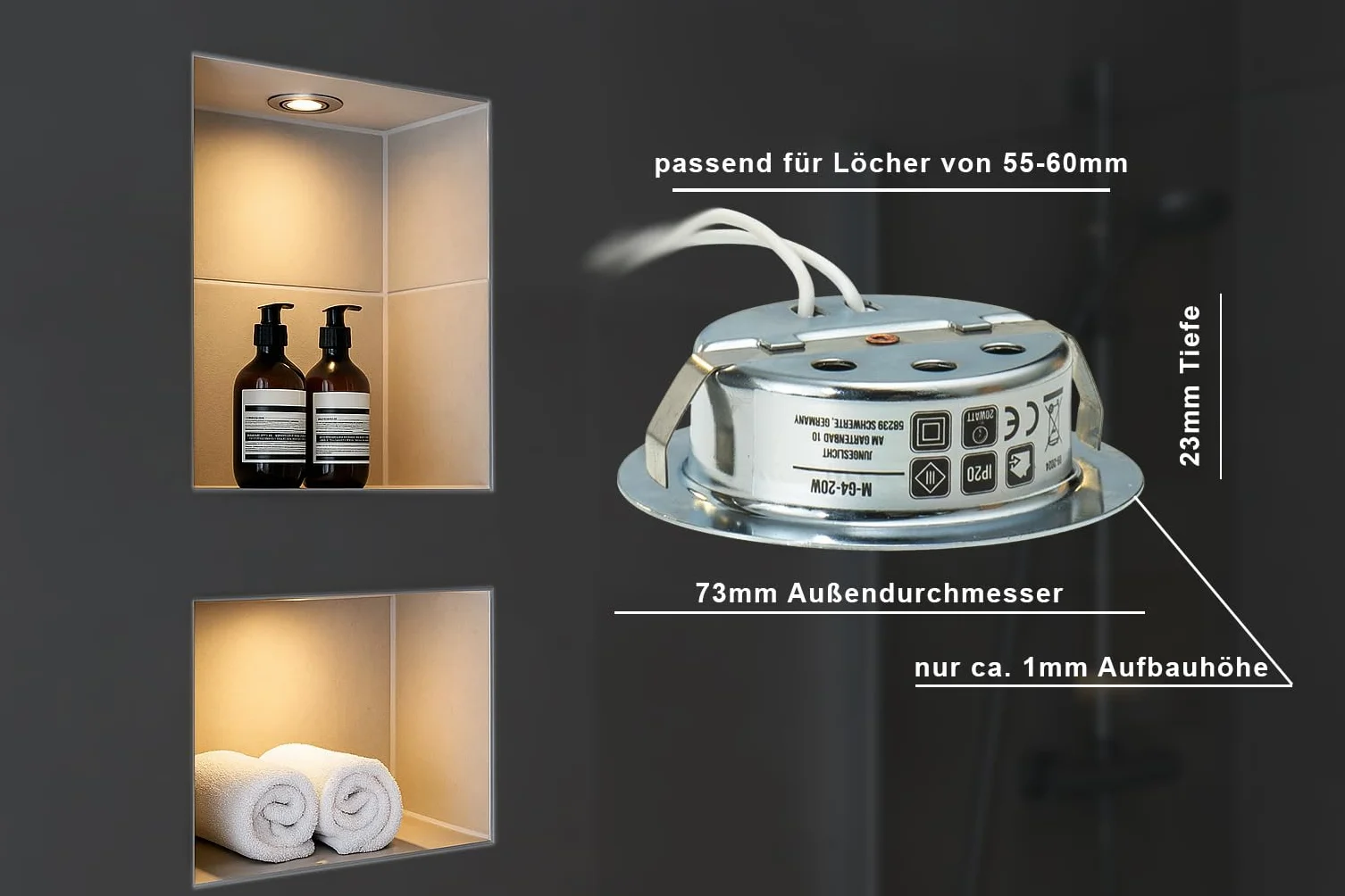 JungesLicht - Möbeleinbauleuchte 12V G4 20W, Bohrloch 55-60mm passend, Tiefe 23mm, Außen 73mm, gebürstet, (Halogen Leuchtmittel inklusive, LED geeignet), dimmbar, Möbelleuchte, Spiegelleuchte, 2 Stück